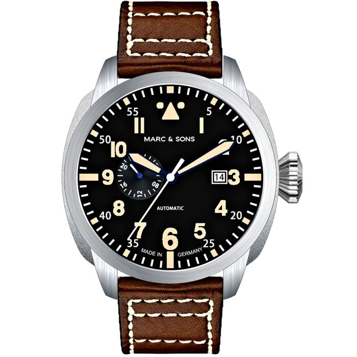Marc & Sons Classic Vintage Professional Automatic Men\'s Pilot Watch 46mm 10ATM Black Dial/Brown Band MSF-006-OR-L1
